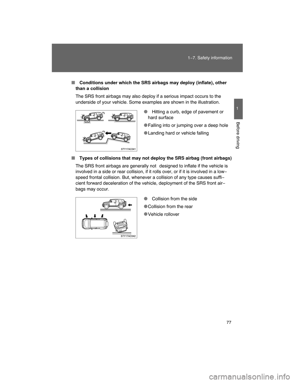 TOYOTA FJ CRUISER 2008 1.G Manual PDF 77
1−7. Safety information
1
Before driving
 Conditions under which the SRS airbags may deploy (inflate), other
than a collision
The SRS front airbags may also deploy if a serious impact occurs to 