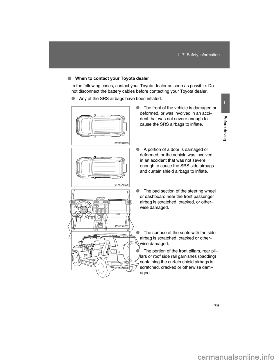 TOYOTA FJ CRUISER 2008 1.G Manual PDF 79
1−7. Safety information
1
Before driving
 When to contact your Toyota dealer
In the following cases, contact your Toyota dealer as soon as possible. Do
not disconnect the battery cables before c