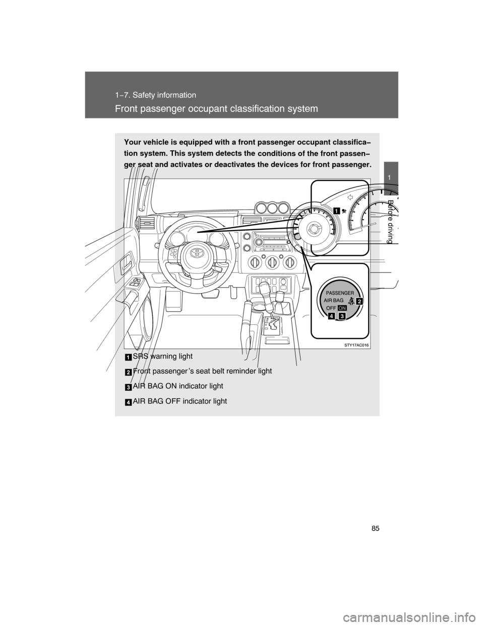TOYOTA FJ CRUISER 2008 1.G Manual Online 85
1
1−7. Safety information
Before driving
Front passenger occupant classification system
Your vehicle is equipped with a front passenger occupant classifica�
tion system. This system detects the
c