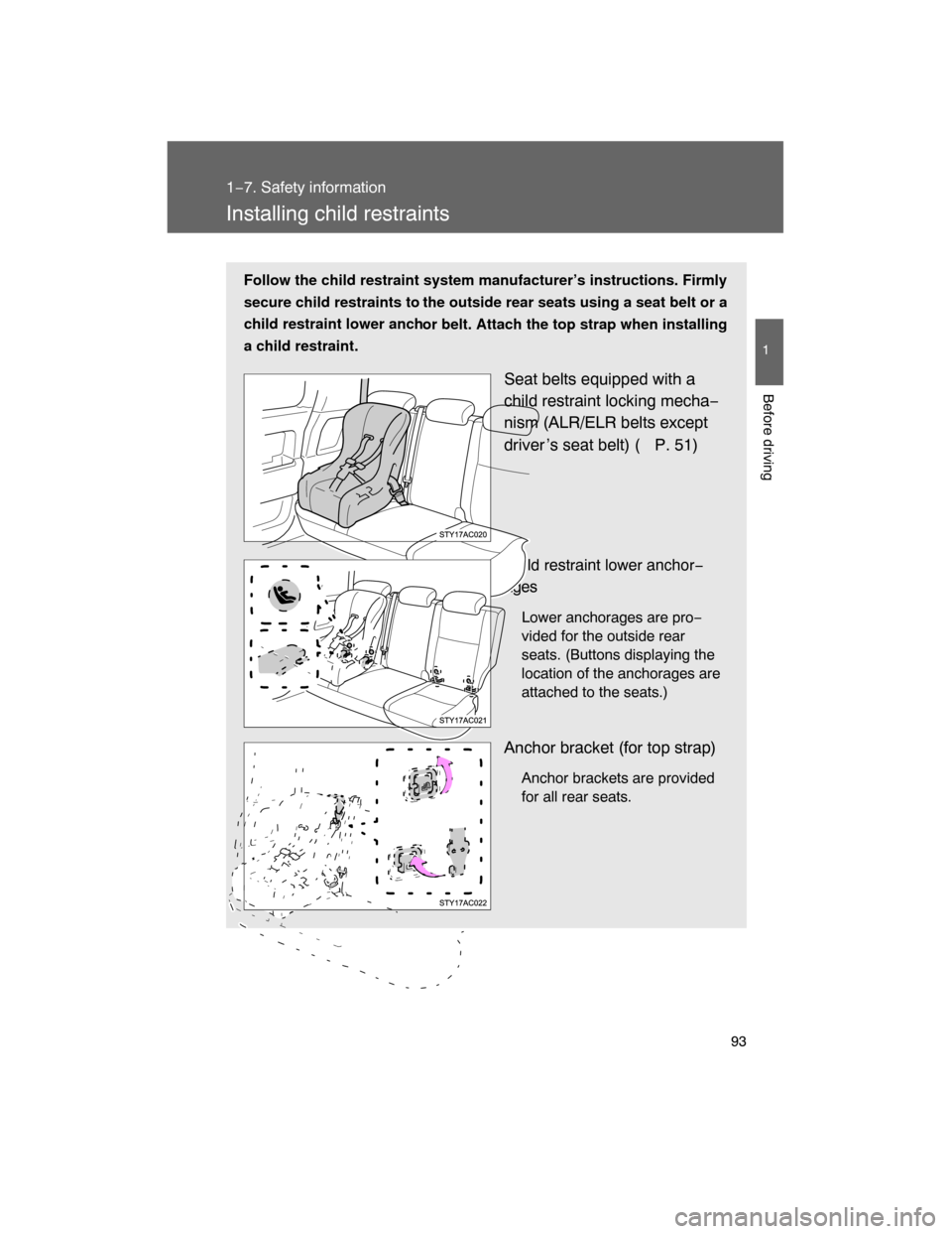 TOYOTA FJ CRUISER 2008 1.G Owners Manual 93
1
1−7. Safety information
Before driving
Installing child restraints
Follow the child restraint system manufacturer’s instructions. Firmly
secure child restraints to the outside rear seats usin