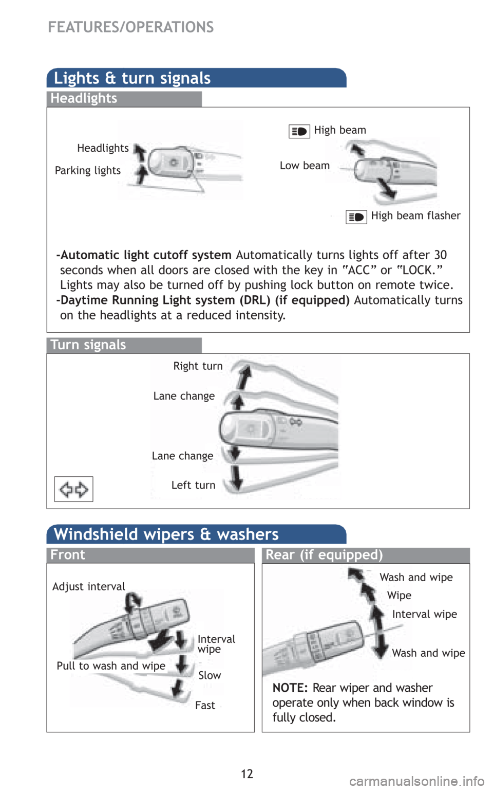 TOYOTA FJ CRUISER 2008 1.G Quick Reference Guide 12
FEATURES/OPERATIONS
Windshield wipers & washers
Rear (if equipped)Front
Interval
wipe
Slow
Fast
Pull to wash and wipe Adjust intervalWash and wipe
Wipe
Interval wipe
Wash and wipe
NOTE: Rear wiper TOYOTA FJ CRUISER 2008 1.G Quick Reference Guide 12
FEATURES/OPERATIONS
Windshield wipers & washers
Rear (if equipped)Front
Interval
wipe
Slow
Fast
Pull to wash and wipe Adjust intervalWash and wipe
Wipe
Interval wipe
Wash and wipe
NOTE: Rear wiper