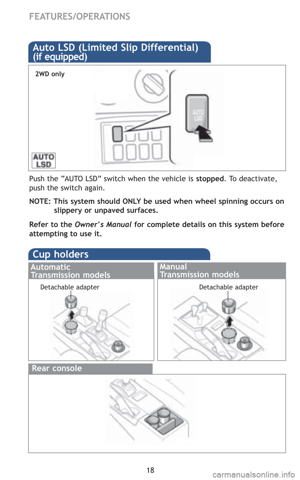 TOYOTA FJ CRUISER 2008 1.G Quick Reference Guide 18
Auto LSD (Limited Slip Differential)
(if equipped)
Push the “AUTO LSD” switch when the vehicle is stopped. To deactivate,
push the switch again.
NOTE: This system should ONLY be used when wheel