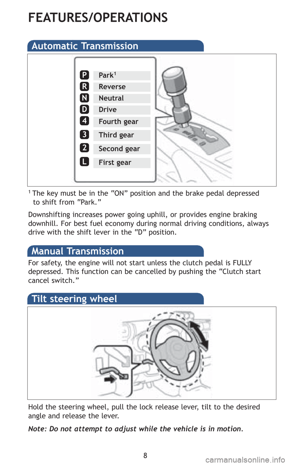 TOYOTA FJ CRUISER 2008 1.G Quick Reference Guide FEATURES/OPERATIONS
8
Automatic Transmission
Downshifting increases power going uphill, or provides engine braking
downhill. For best fuel economy during normal driving conditions, always
drive with t TOYOTA FJ CRUISER 2008 1.G Quick Reference Guide FEATURES/OPERATIONS
8
Automatic Transmission
Downshifting increases power going uphill, or provides engine braking
downhill. For best fuel economy during normal driving conditions, always
drive with t
