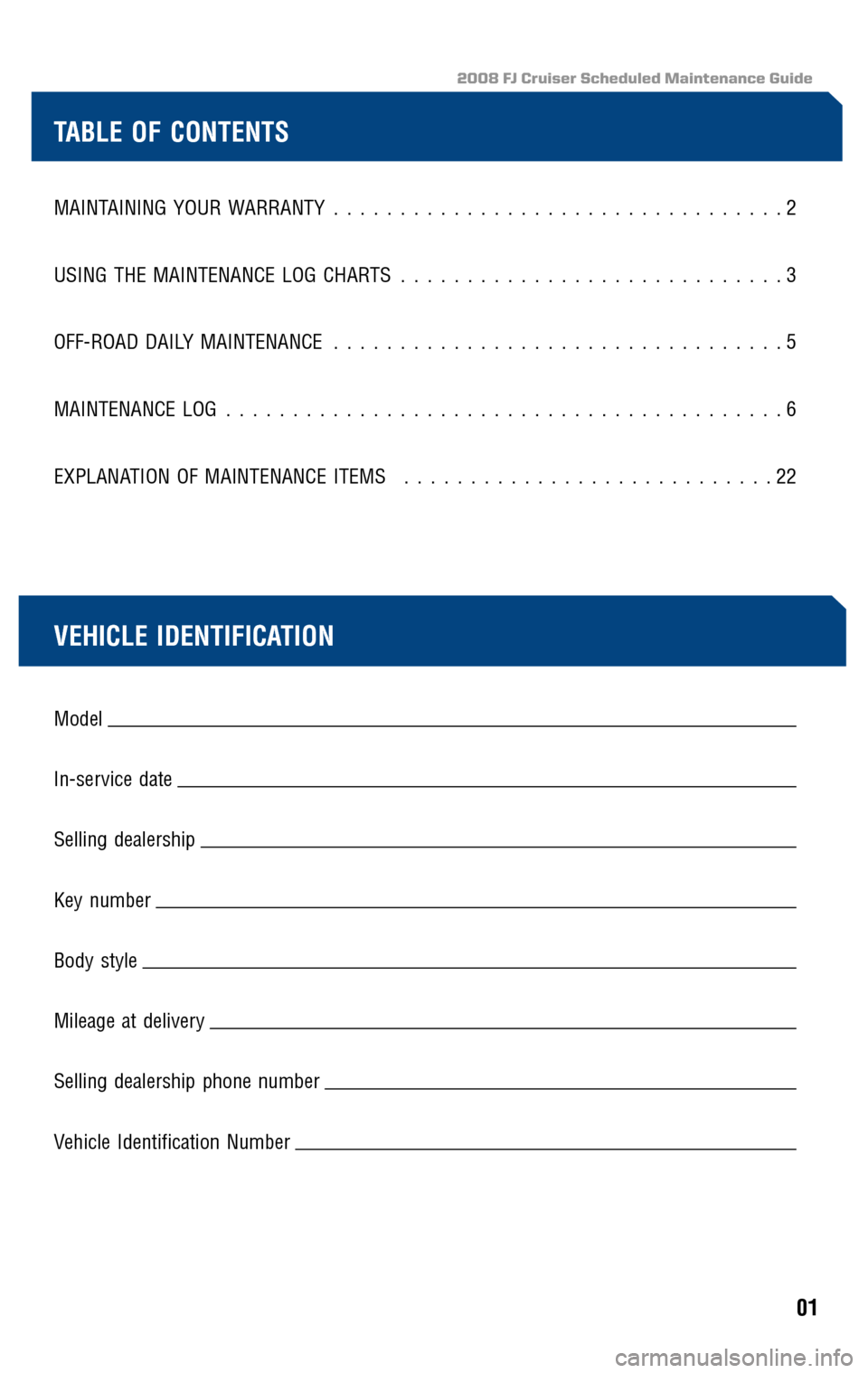 TOYOTA FJ CRUISER 2008 1.G Scheduled Maintenance Guide 2008 FJ Cruiser Scheduled Maintenance Guide
MAINTAINING YOUR WARRANTY..................................2 
USING THE MAINTENANCE LOG CHARTS  .............................3 
OFF-ROAD DAILY MAINTENANCE  