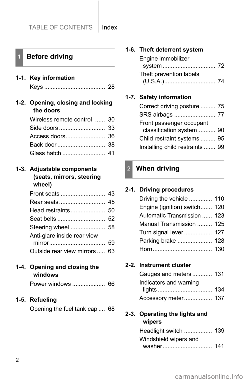 TOYOTA FJ CRUISER 2009 1.G Owners Manual TABLE OF CONTENTSIndex
2
1-1. Key informationKeys .....................................  28
1-2. Opening,  closing and locking
the doors
Wireless remote control  ......  30
Side doors ................