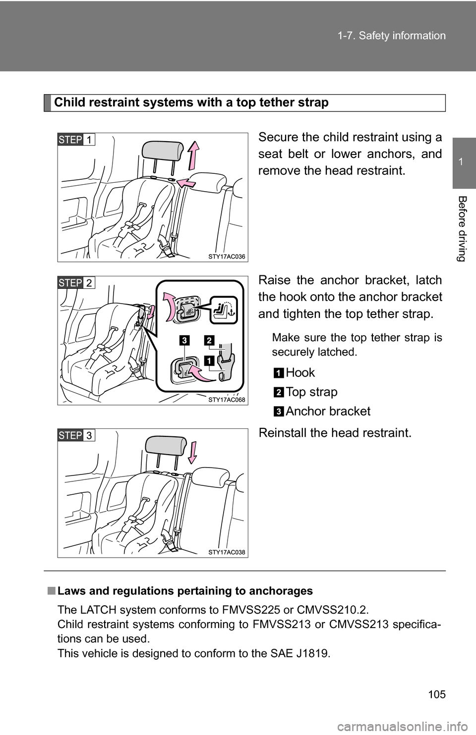 TOYOTA FJ CRUISER 2009 1.G Owners Manual 105
1-7. Safety information
1
Before driving
Child restraint systems with a top tether strap
Secure the child restraint using a
seat belt or lower anchors, and
remove the head restraint.
Raise the anc TOYOTA FJ CRUISER 2009 1.G Owners Manual 105
1-7. Safety information
1
Before driving
Child restraint systems with a top tether strap
Secure the child restraint using a
seat belt or lower anchors, and
remove the head restraint.
Raise the anc