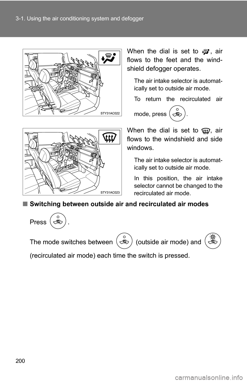 TOYOTA FJ CRUISER 2009 1.G Owners Manual 200 3-1. Using the air conditioning system and defogger
When the dial is set to , air
flows to the feet and the wind-
shield defogger operates.
The air intake selector is automat-
ically set to outsi TOYOTA FJ CRUISER 2009 1.G Owners Manual 200 3-1. Using the air conditioning system and defogger
When the dial is set to , air
flows to the feet and the wind-
shield defogger operates.
The air intake selector is automat-
ically set to outsi
