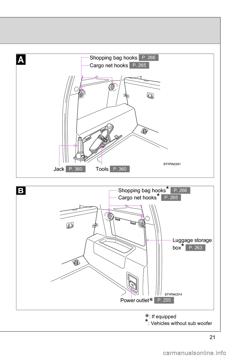 TOYOTA FJ CRUISER 2009 1.G Owners Manual 21
: If equipped
*: Vehicles without sub woofer
Shopping bag hooks P. 266
Cargo net hooks P. 265
Tools P. 360Jack P. 360
Power outlet P. 255
Shopping bag hooks* P. 266
Cargo net hooks* P. 265
Lu