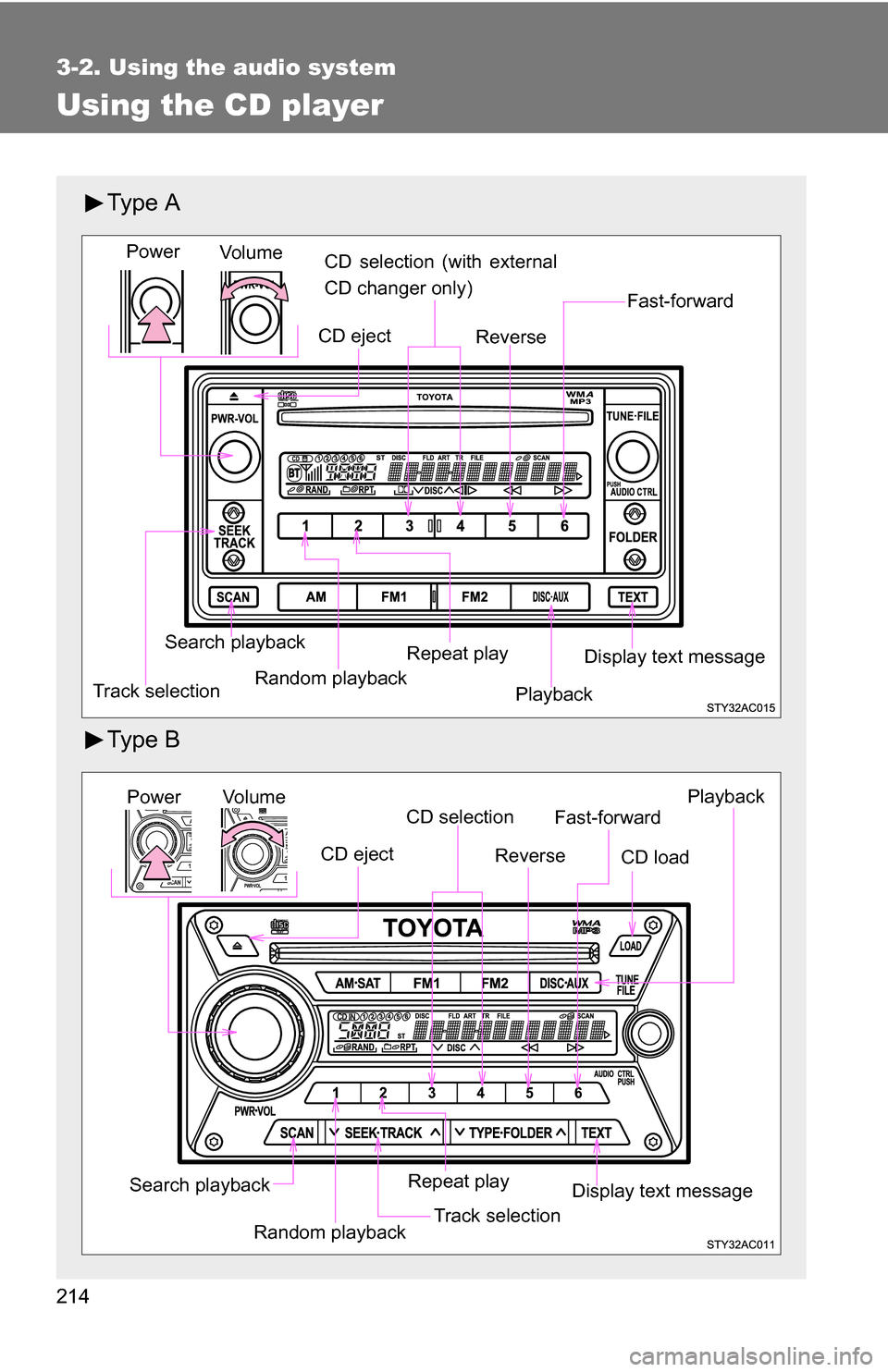 TOYOTA FJ CRUISER 2009 1.G Owners Manual 214
3-2. Using the audio system
Using the CD player
Ty p e A
Ty p e B
Random playback
Track selection Repeat play
Playback
CD eject
Display text message
CD selection (with external
CD changer only) TOYOTA FJ CRUISER 2009 1.G Owners Manual 214
3-2. Using the audio system
Using the CD player
Ty p e A
Ty p e B
Random playback
Track selection Repeat play
Playback
CD eject
Display text message
CD selection (with external
CD changer only)
