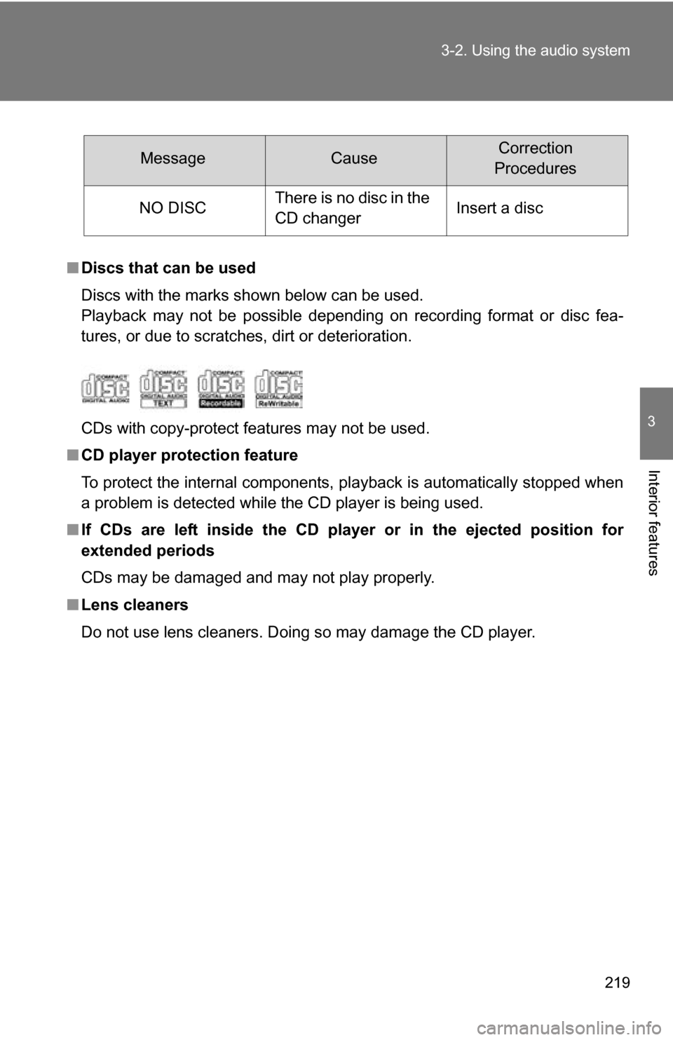 TOYOTA FJ CRUISER 2009 1.G Owners Manual 219
3-2. Using the audio system
3
Interior features
■
Discs that can be used
Discs with the marks shown below can be used.
Playback may not be possible depending on recording format or disc fea-
tur TOYOTA FJ CRUISER 2009 1.G Owners Manual 219
3-2. Using the audio system
3
Interior features
■
Discs that can be used
Discs with the marks shown below can be used.
Playback may not be possible depending on recording format or disc fea-
tur