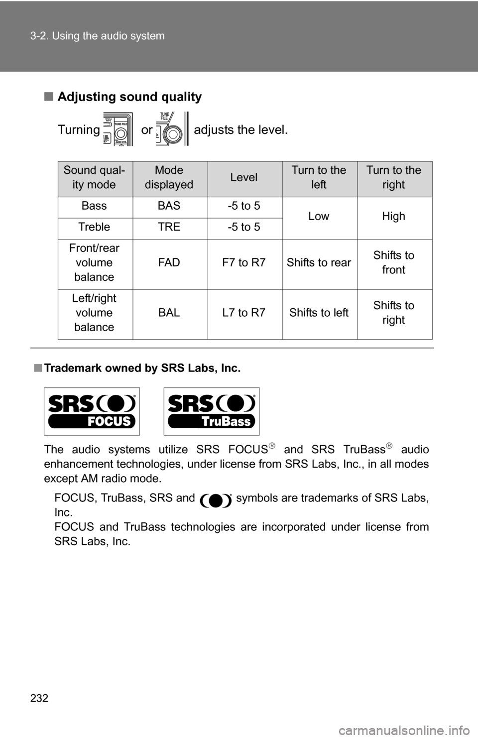 TOYOTA FJ CRUISER 2009 1.G Owners Manual 232 3-2. Using the audio system
■Adjusting sound quality
Turning  or  adjusts the level.
■Trademark owned by SRS Labs, Inc.
The audio systems utilize SRS FOCUS
 and SRS TruBass audio
enhance