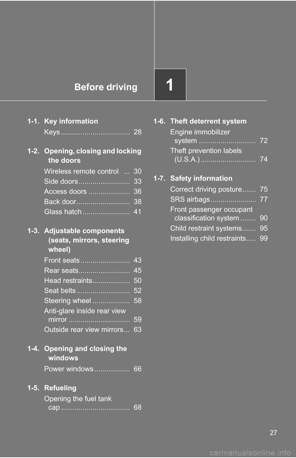 TOYOTA FJ CRUISER 2009 1.G Owners Manual Before driving1
27
1-1. Key informationKeys ...................................  28
1-2. Opening, closing and locking  the doors
Wireless remote control   ...  30
Side doors ..........................