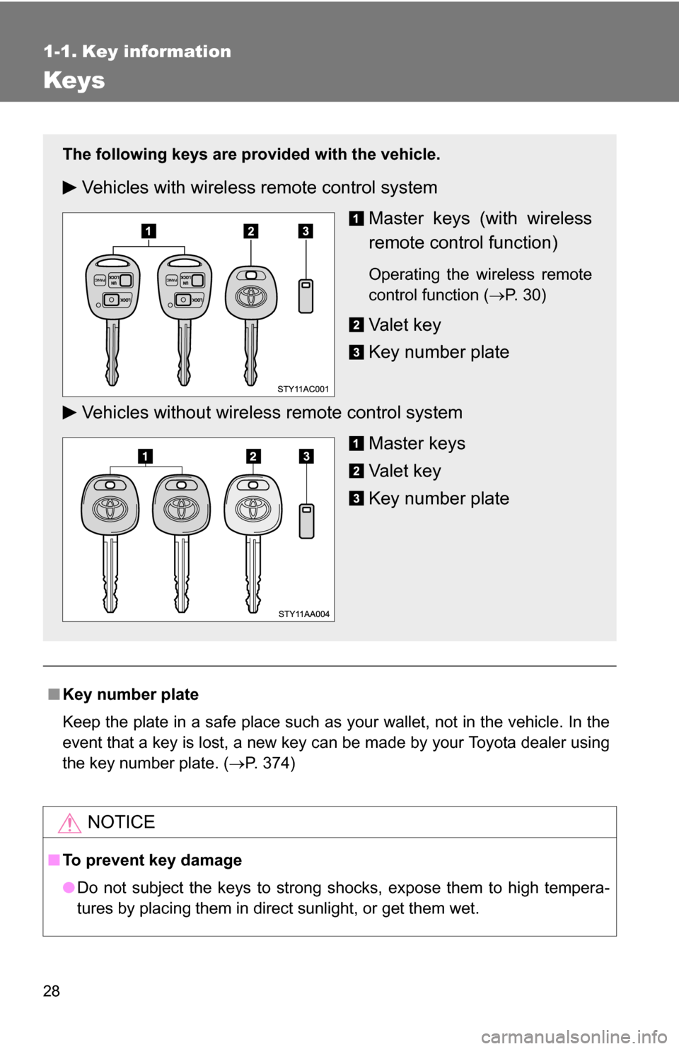 TOYOTA FJ CRUISER 2009 1.G Owners Manual 28
1-1. Key information
Keys
■Key number plate
Keep the plate in a safe place such as your wallet, not in the vehicle. In the
event that a key is lost, a new key can be made by your Toyota dealer us