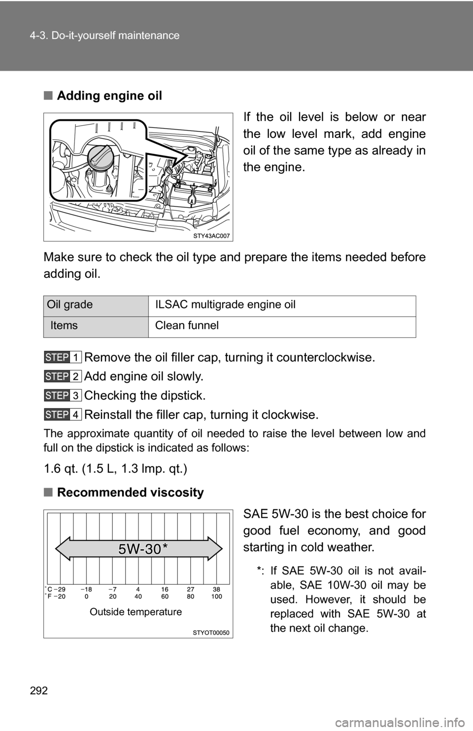 TOYOTA FJ CRUISER 2009 1.G Owners Manual 292 4-3. Do-it-yourself maintenance
■Adding engine oil
If the oil level is below or near
the low level mark, add engine
oil of the same type as already in
the engine.
Make sure to check the oil type TOYOTA FJ CRUISER 2009 1.G Owners Manual 292 4-3. Do-it-yourself maintenance
■Adding engine oil
If the oil level is below or near
the low level mark, add engine
oil of the same type as already in
the engine.
Make sure to check the oil type