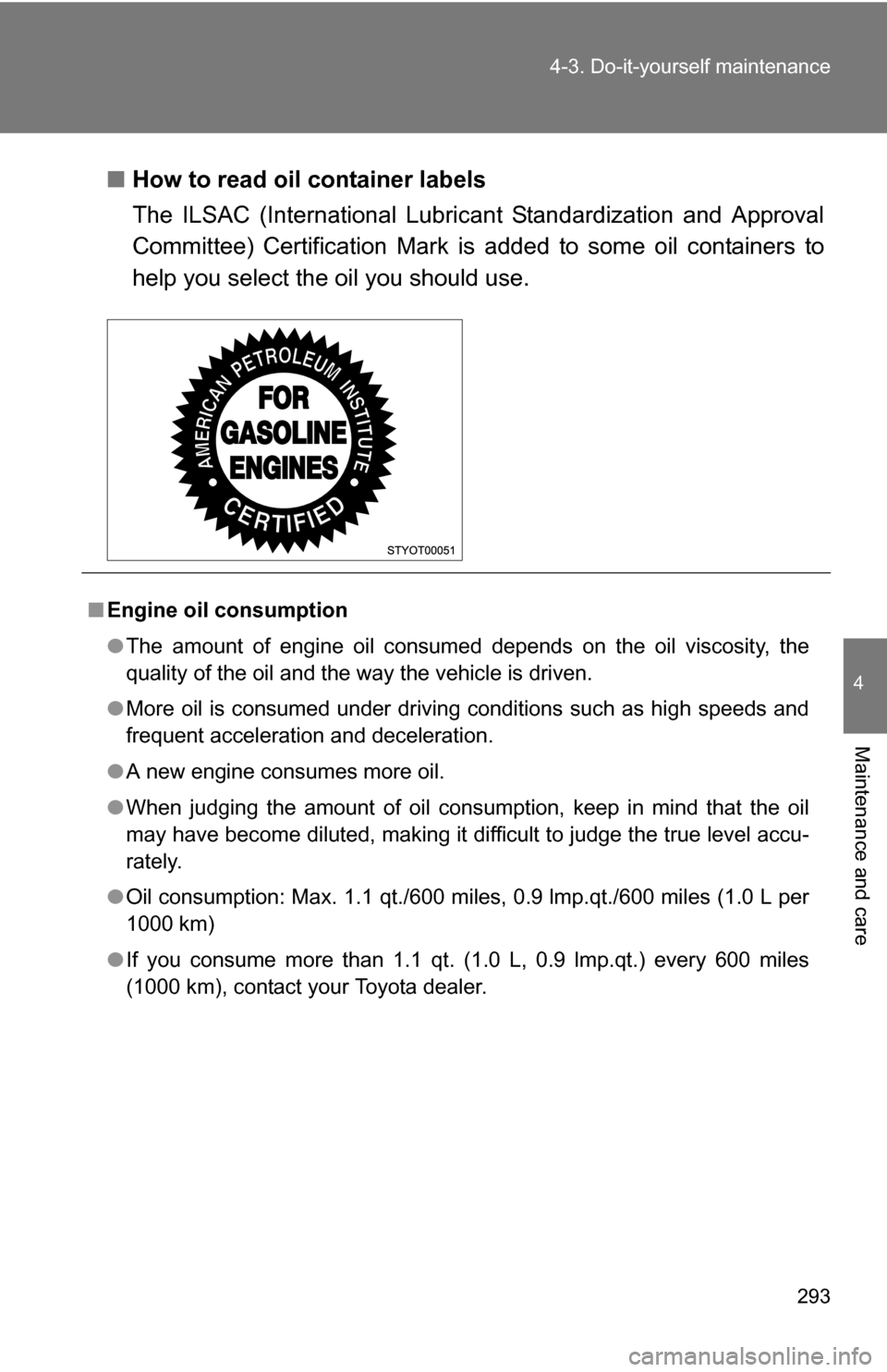 TOYOTA FJ CRUISER 2009 1.G Owners Manual 293
4-3. Do-it-yourself maintenance
4
Maintenance and care
■
How to read oil container labels
The ILSAC (International Lubricant Standardization and Approval
Committee) Certification Mark is added TOYOTA FJ CRUISER 2009 1.G Owners Manual 293
4-3. Do-it-yourself maintenance
4
Maintenance and care
■
How to read oil container labels
The ILSAC (International Lubricant Standardization and Approval
Committee) Certification Mark is added