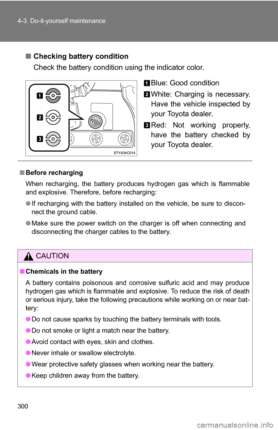 TOYOTA FJ CRUISER 2009 1.G Owners Manual 300 4-3. Do-it-yourself maintenance
■Checking battery condition
Check the battery condition using the indicator color.
Blue: Good condition
White: Charging is necessary.
Have the vehicle inspected b TOYOTA FJ CRUISER 2009 1.G Owners Manual 300 4-3. Do-it-yourself maintenance
■Checking battery condition
Check the battery condition using the indicator color.
Blue: Good condition
White: Charging is necessary.
Have the vehicle inspected b
