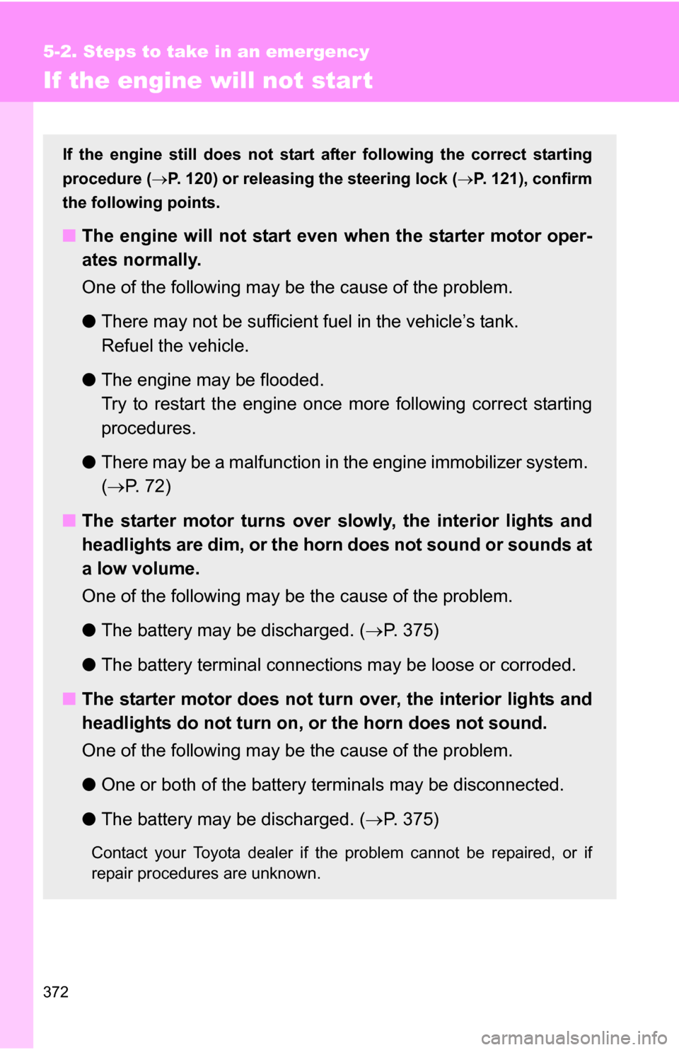 TOYOTA FJ CRUISER 2009 1.G Owners Manual 372
5-2. Steps to take in an emergency
If the engine will not star t
If the engine still does not start after following the correct starting
procedure ( P. 120) or releasing the steering lock (P TOYOTA FJ CRUISER 2009 1.G Owners Manual 372
5-2. Steps to take in an emergency
If the engine will not star t
If the engine still does not start after following the correct starting
procedure ( P. 120) or releasing the steering lock (P
