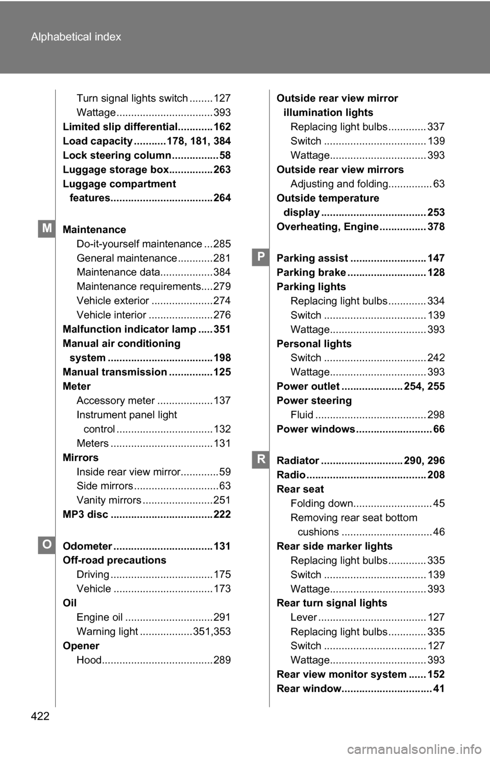 TOYOTA FJ CRUISER 2009 1.G Owners Manual 422 Alphabetical index
Turn signal lights switch ........ 127
Wattage ................................. 393
Limited slip differential............ 162
Load capacity ........... 178, 181, 384
Lock steer TOYOTA FJ CRUISER 2009 1.G Owners Manual 422 Alphabetical index
Turn signal lights switch ........ 127
Wattage ................................. 393
Limited slip differential............ 162
Load capacity ........... 178, 181, 384
Lock steer