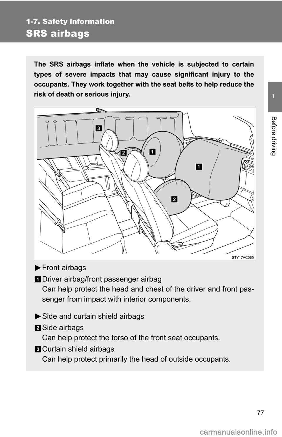TOYOTA FJ CRUISER 2009 1.G Manual PDF 77
1
1-7. Safety information
Before driving
SRS airbags
The SRS airbags inflate when the vehicle is subjected to certain
types of severe impacts that may  cause significant injury to the
occupants. Th