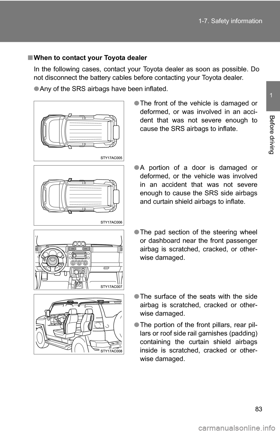 TOYOTA FJ CRUISER 2009 1.G Manual Online 83
1-7. Safety information
1
Before driving
■
When to contact your Toyota dealer
In the following cases, contact your Toyota dealer as soon as possible. Do
not disconnect the battery cables before c TOYOTA FJ CRUISER 2009 1.G Manual Online 83
1-7. Safety information
1
Before driving
■
When to contact your Toyota dealer
In the following cases, contact your Toyota dealer as soon as possible. Do
not disconnect the battery cables before c