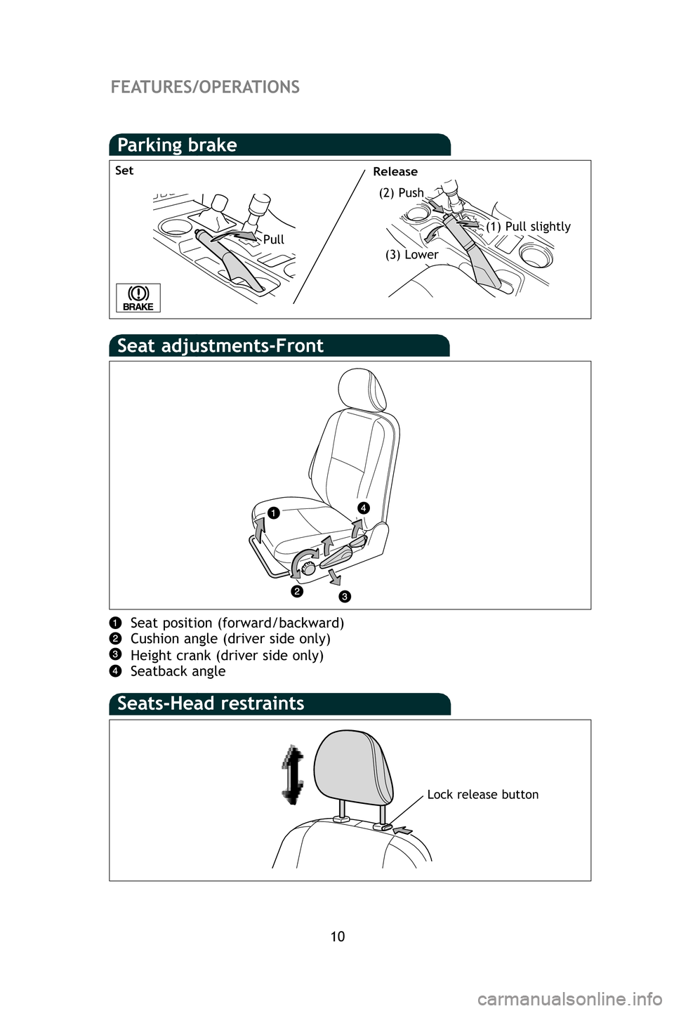 TOYOTA FJ CRUISER 2009 1.G Quick Reference Guide FEATURES/OPERATIONS
Seats-Head restraints
10
Lock release button
Seat adjustments-Front
Seat position (forward/backward)
Cushion angle (driver side only)
Height crank (driver side only)
Seatback angle