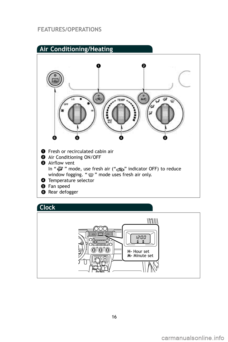 TOYOTA FJ CRUISER 2009 1.G Quick Reference Guide 16
FEATURES/OPERATIONS
Clock
H-Hour set
M- Minute set
Air Conditioning/Heating 
Fresh or recirculated cabin air
Air Conditioning ON/OFF
Airflow vent
In “ ” mode, use fresh air (“ ” indicator O