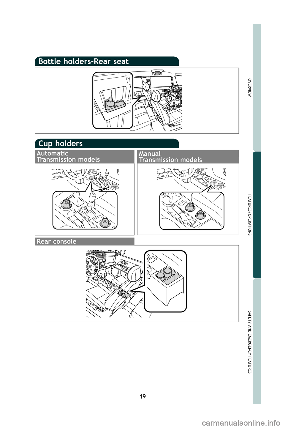 TOYOTA FJ CRUISER 2009 1.G Quick Reference Guide 19
OVERVIEW
FEATURES/OPERATIONS
SAFETY AND EMERGENCY FEATURES
Bottle holders-Rear seat
Cup holders
Rear console
Manual 
Transmission models
Automatic 
Transmission models
M2.qxd  7/28/08  3:06 PM  Pag