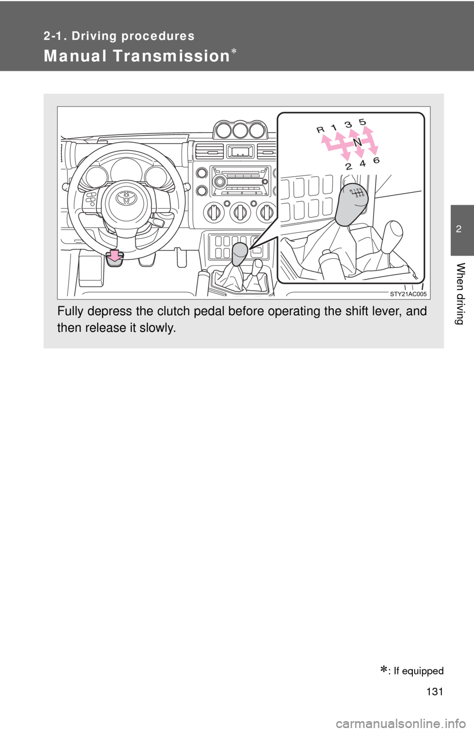 TOYOTA FJ CRUISER 2010 1.G Owners Manual 131
2-1. Driving procedures
2
When driving
Manual Transmission
: If equipped
Fully depress the clutch pedal before operating the shift lever, and
then release it slowly. 