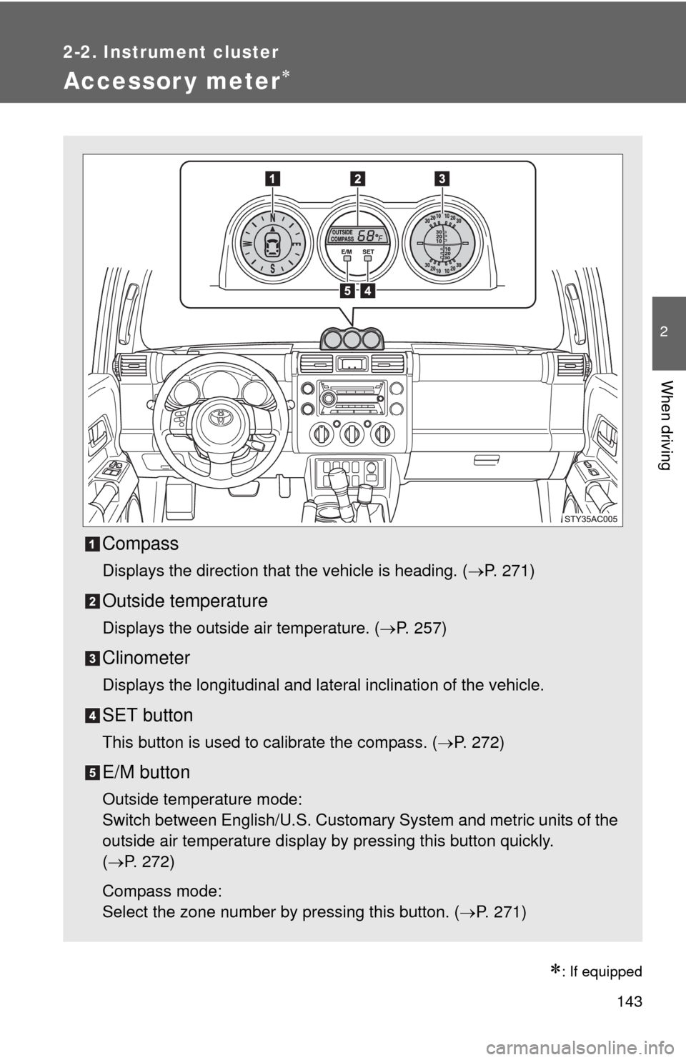 TOYOTA FJ CRUISER 2010 1.G Owners Manual 143
2-2. Instrument cluster
2
When driving
Accessor y meter
: If equipped
Compass
Displays the direction that the vehicle is heading. (P. 271)
Outside temperature
Displays the outside air tem
