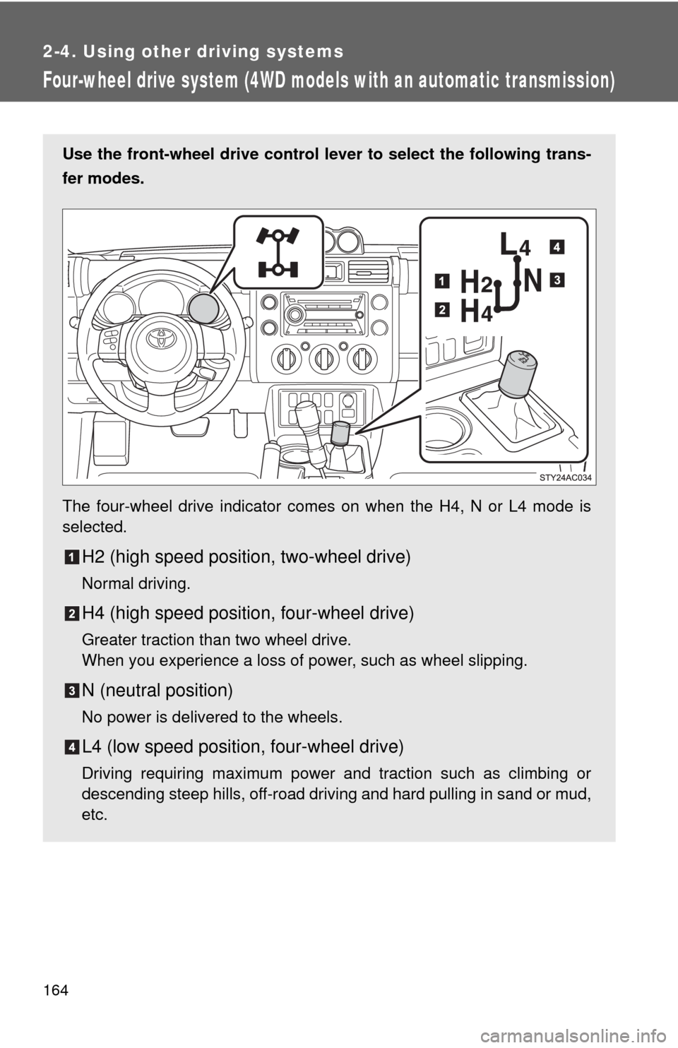 TOYOTA FJ CRUISER 2010 1.G Owners Manual 164
2-4. Using other driving systems
Four-wheel drive system (4WD models with an automatic transmission)
Use the front-wheel drive control lever to select the following trans-
fer modes.
The four-whee