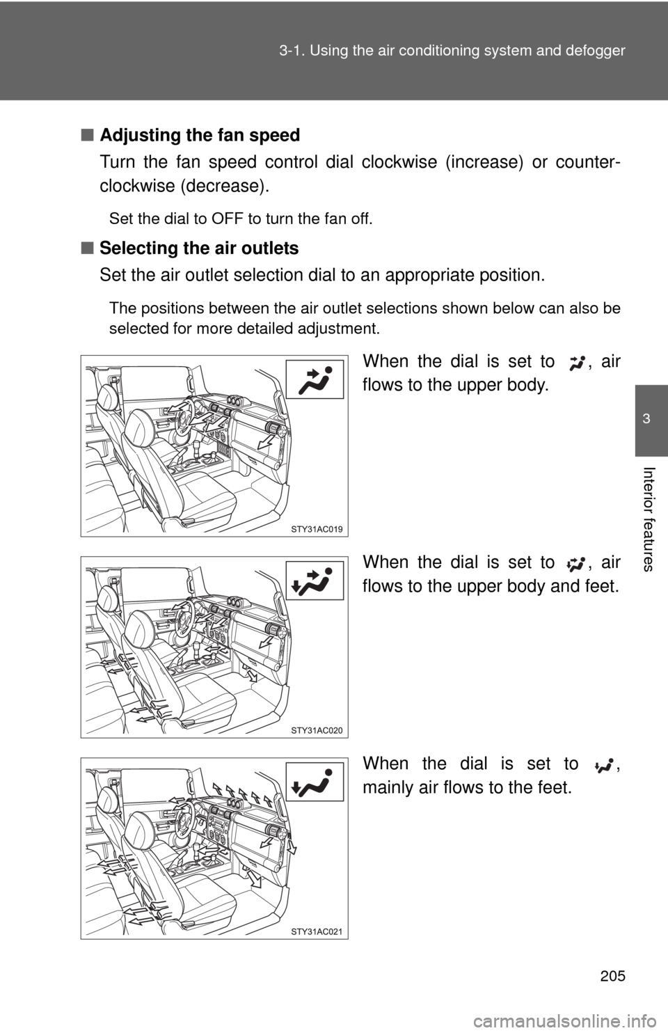 TOYOTA FJ CRUISER 2010 1.G Owners Manual 205 3-1. Using the air conditioning system and defogger
3
Interior features
■Adjusting the fan speed
Turn the fan speed control dial clockwise (increase) or counter-
clockwise (decrease).
Set the di