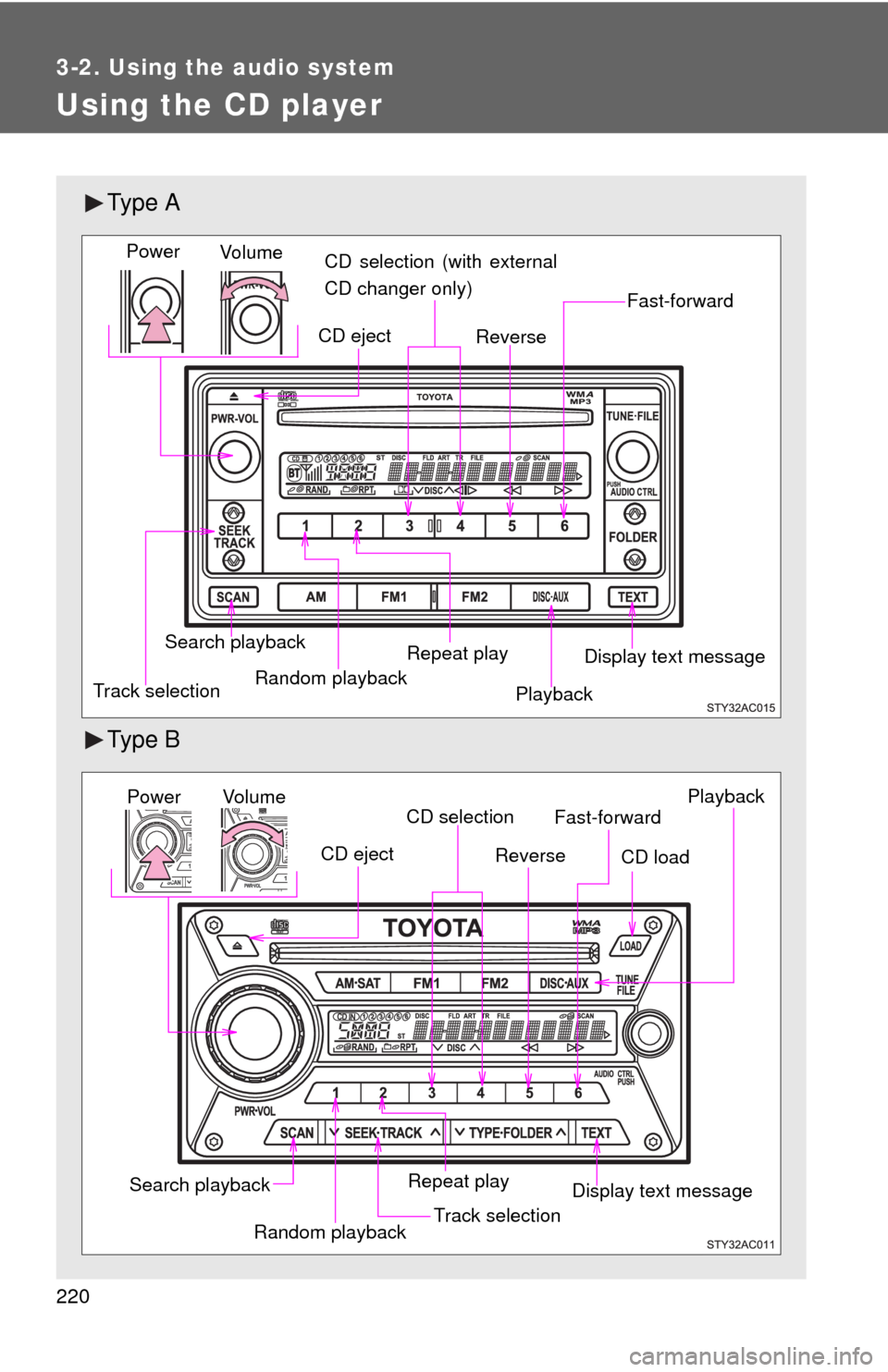 TOYOTA FJ CRUISER 2010 1.G Owners Manual 220
3-2. Using the audio system
Using the CD player
Ty p e A
Ty p e B
Random playback
Track selectionRepeat play
Playback
CD eject
Display text message
CD selection (with external
CD changer only)
F TOYOTA FJ CRUISER 2010 1.G Owners Manual 220
3-2. Using the audio system
Using the CD player
Ty p e A
Ty p e B
Random playback
Track selectionRepeat play
Playback
CD eject
Display text message
CD selection (with external
CD changer only)
F