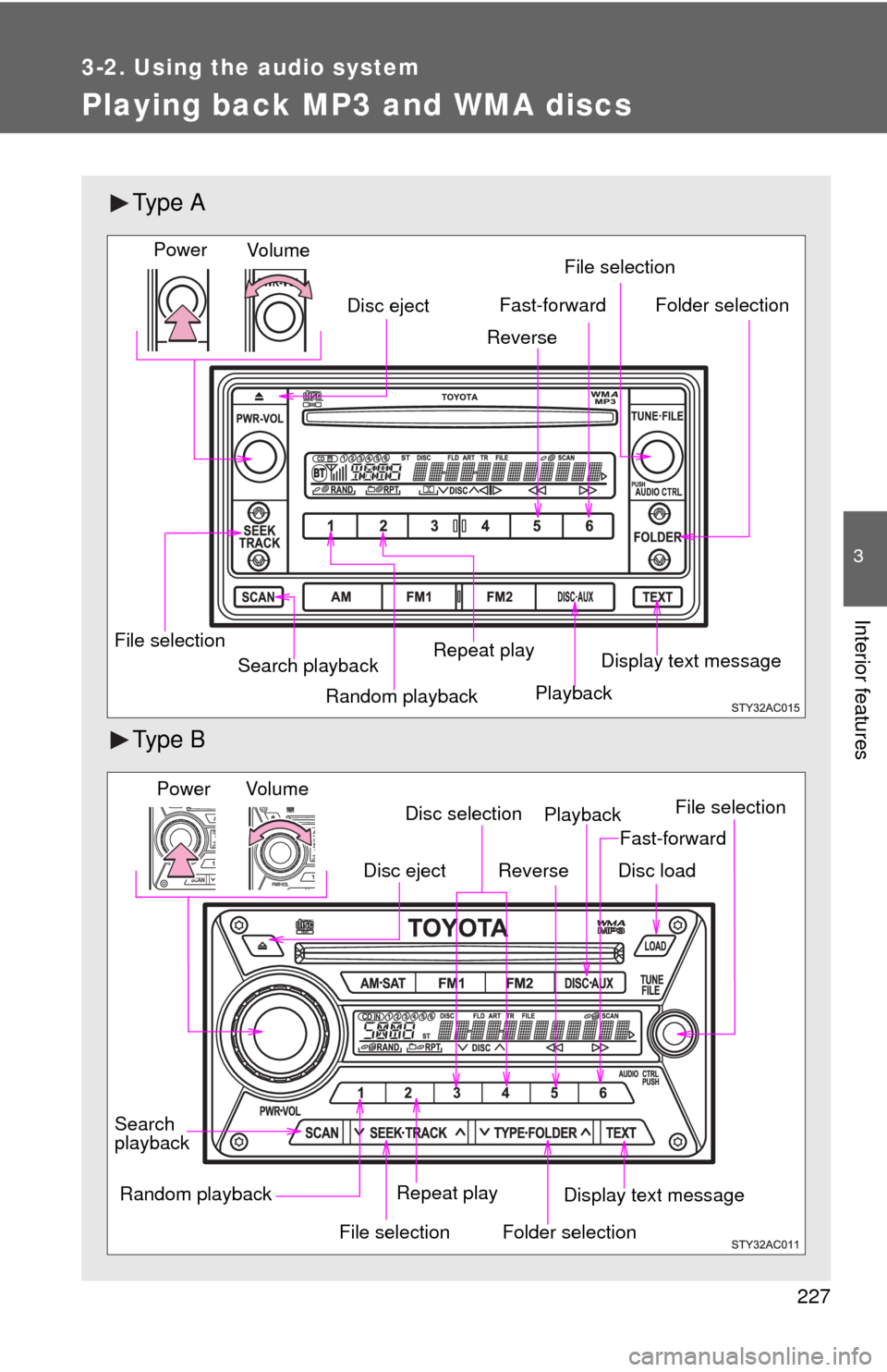 TOYOTA FJ CRUISER 2010 1.G Owners Manual 227
3-2. Using the audio system
3
Interior features
Playing back MP3 and WMA discs
Ty p e A
Ty p e B
Random playback File selectionFile selection
Repeat play
Playback
Disc eject
Display text message TOYOTA FJ CRUISER 2010 1.G Owners Manual 227
3-2. Using the audio system
3
Interior features
Playing back MP3 and WMA discs
Ty p e A
Ty p e B
Random playback File selectionFile selection
Repeat play
Playback
Disc eject
Display text message