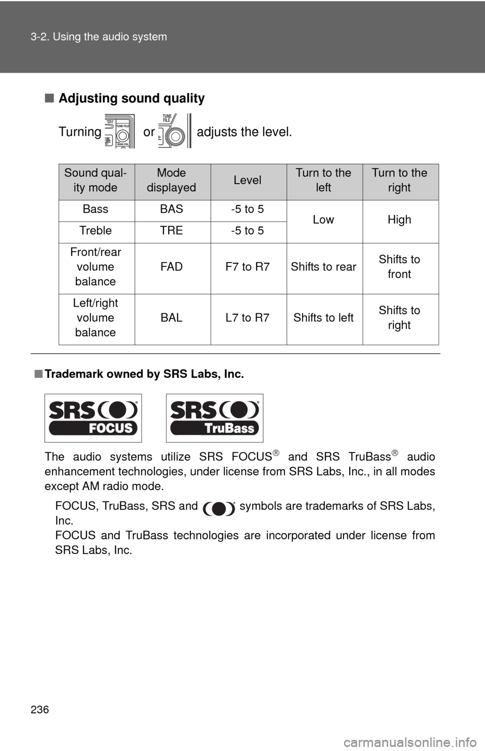 TOYOTA FJ CRUISER 2010 1.G Owners Manual 236 3-2. Using the audio system
■Adjusting sound quality
Turning or adjusts the level.
■Trademark owned by SRS Labs, Inc.
The audio systems utilize SRS FOCUS
and SRS TruBass audio
enhance TOYOTA FJ CRUISER 2010 1.G Owners Manual 236 3-2. Using the audio system
■Adjusting sound quality
Turning or adjusts the level.
■Trademark owned by SRS Labs, Inc.
The audio systems utilize SRS FOCUS
and SRS TruBass audio
enhance