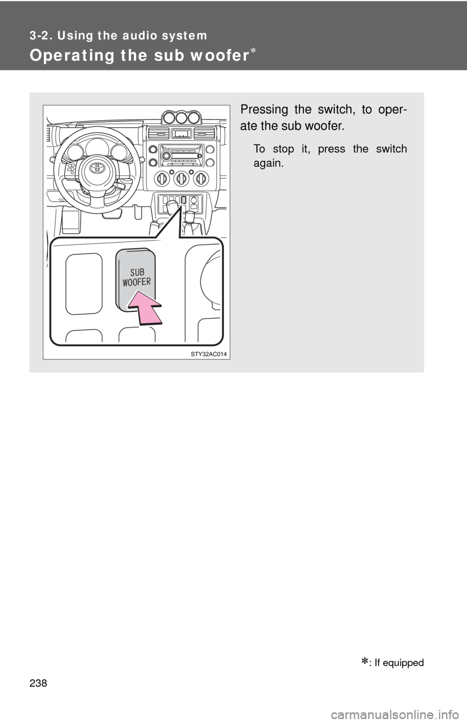TOYOTA FJ CRUISER 2010 1.G Owners Manual 238
3-2. Using the audio system
Operating the sub woofer
: If equipped
Pressing the switch, to oper-
ate the sub woofer.
To stop it, press the switch
again. TOYOTA FJ CRUISER 2010 1.G Owners Manual 238
3-2. Using the audio system
Operating the sub woofer
: If equipped
Pressing the switch, to oper-
ate the sub woofer.
To stop it, press the switch
again.