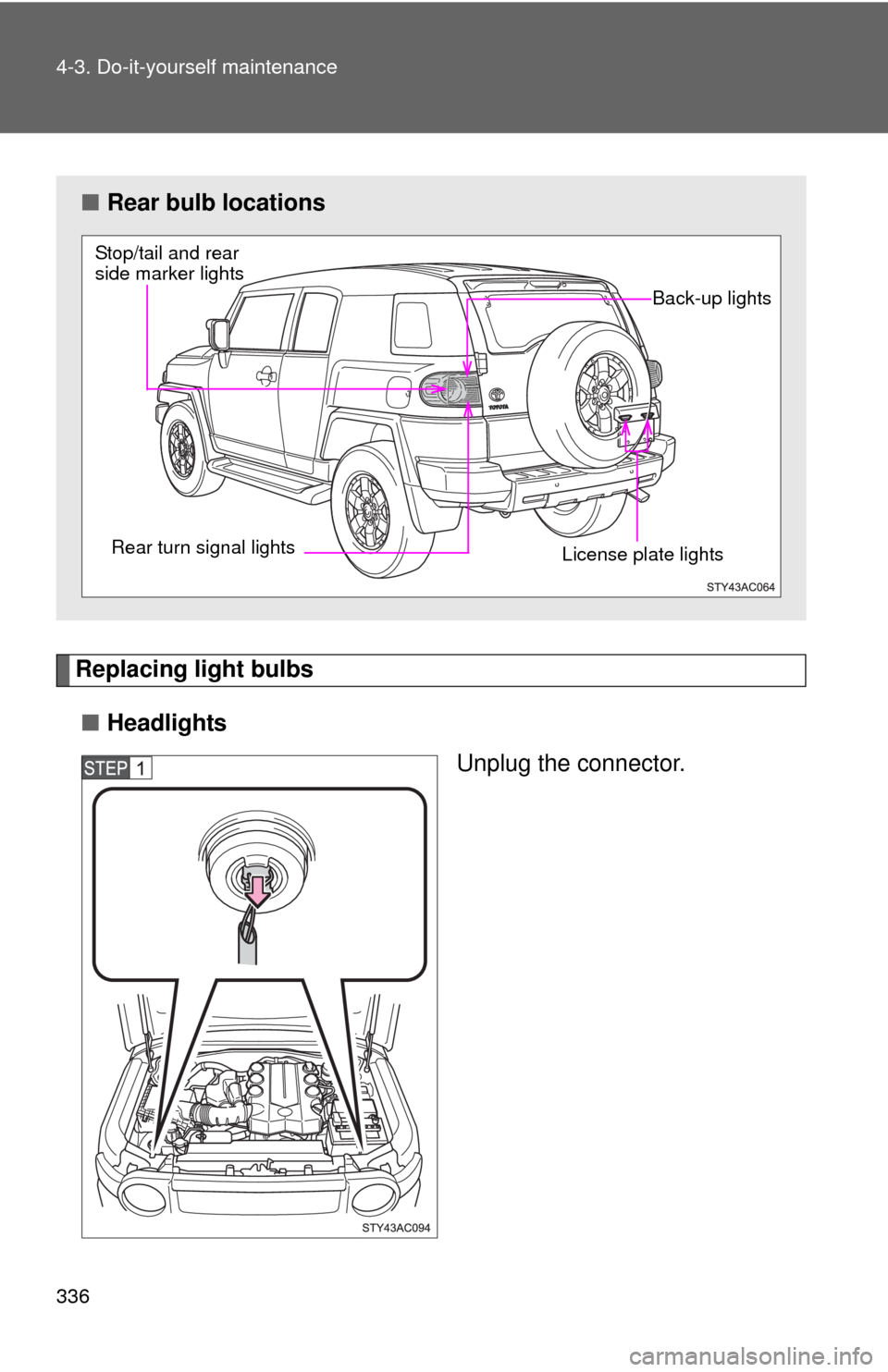 TOYOTA FJ CRUISER 2010 1.G Owners Manual 336 4-3. Do-it-yourself maintenance
Replacing light bulbs
■Headlights
Unplug the connector.
■Rear bulb locations
Stop/tail and rear 
side marker lights 
Rear turn signal lights
License plate light