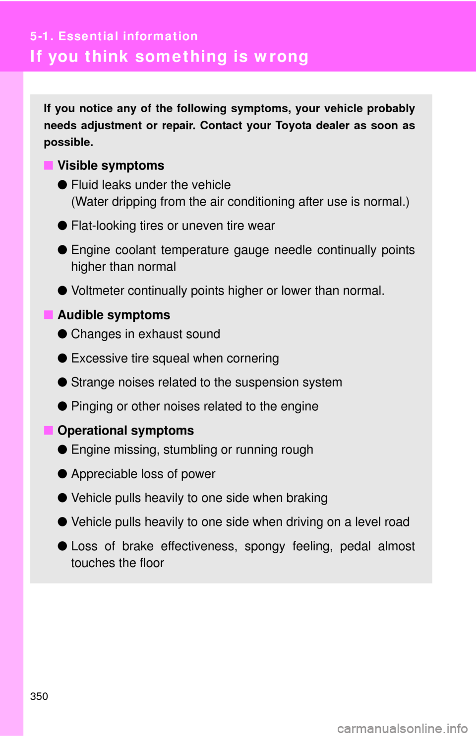 TOYOTA FJ CRUISER 2010 1.G Owners Manual 350
5-1. Essential information
If you think something is wrong
If you notice any of the following symptoms, your vehicle probably
needs adjustment or repair. Contact your Toyota dealer as soon as
poss