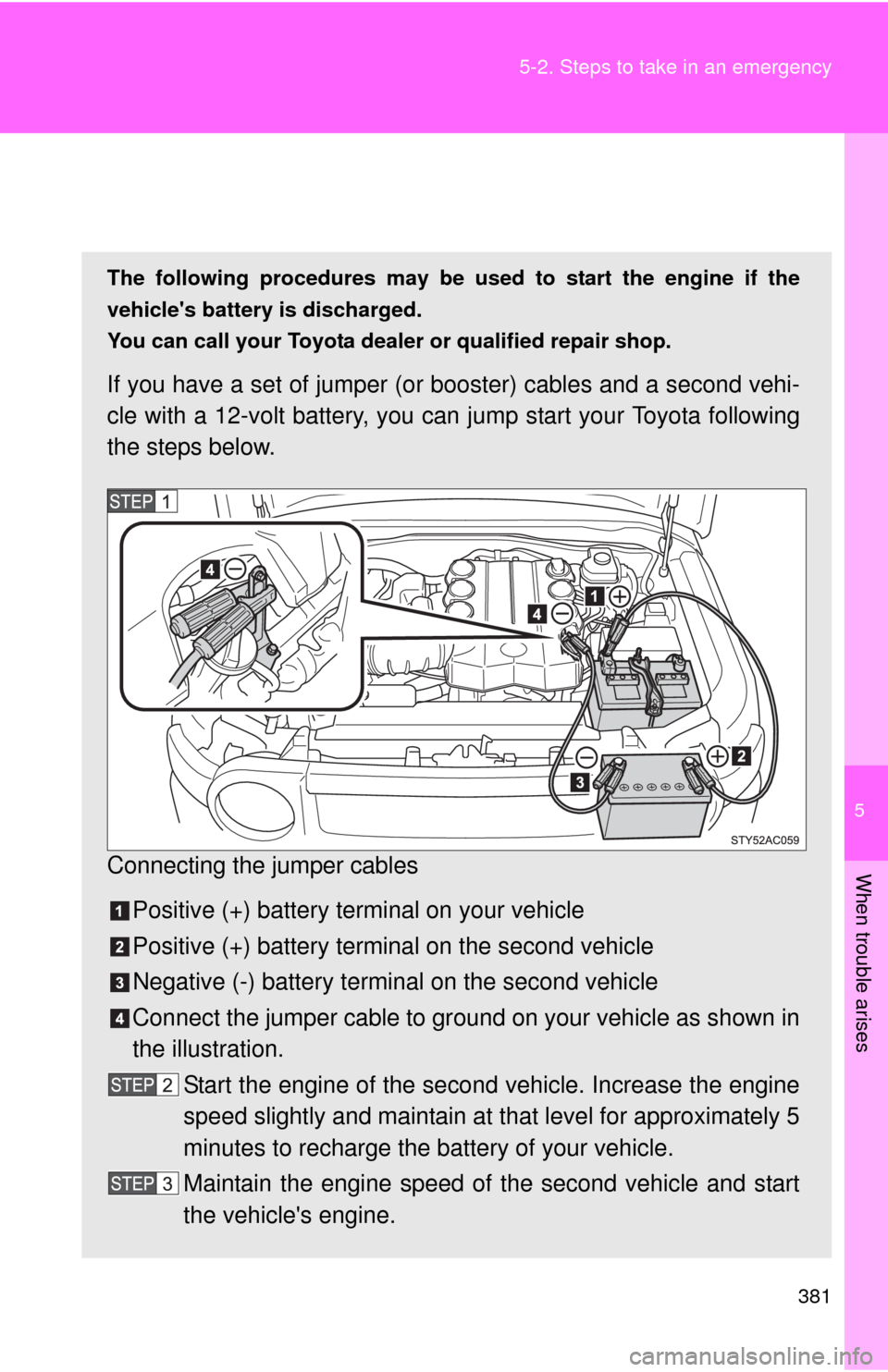TOYOTA FJ CRUISER 2010 1.G Owners Manual 5
When trouble arises
381 5-2. Steps to take in an emergency
If the vehicle batter y is discharged
The following procedures may be used to start the engine if the
vehicles battery is discharged.
You 