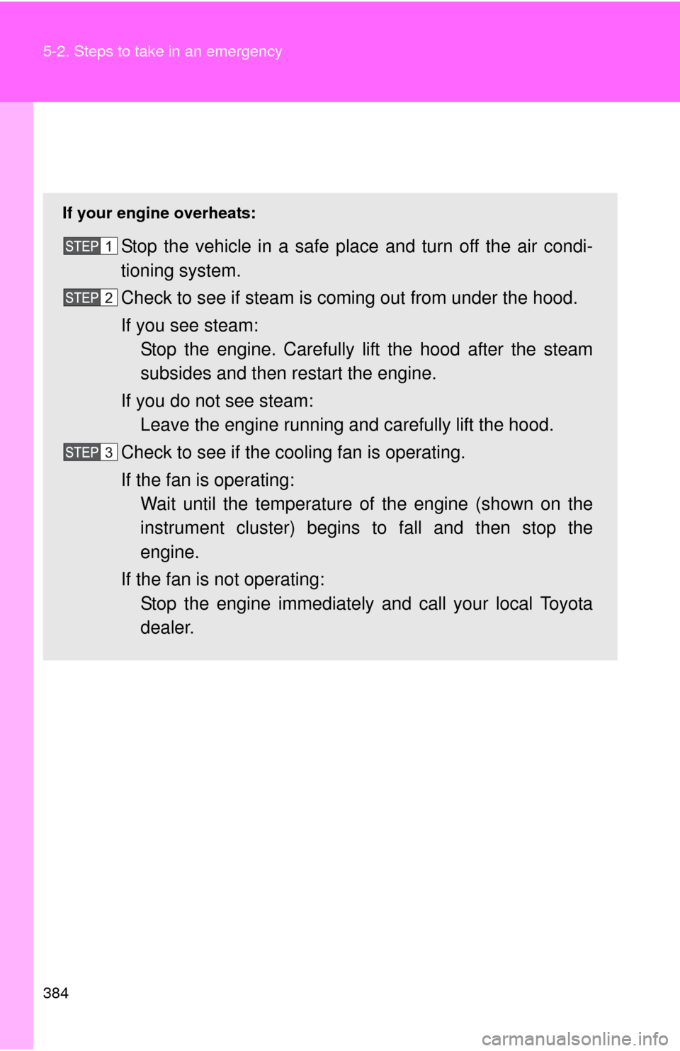 TOYOTA FJ CRUISER 2010 1.G Owners Manual 384 5-2. Steps to take in an emergency
If your vehicle overheats
If your engine overheats:
Stop the vehicle in a safe place and turn off the air condi-
tioning system.
Check to see if steam is coming 