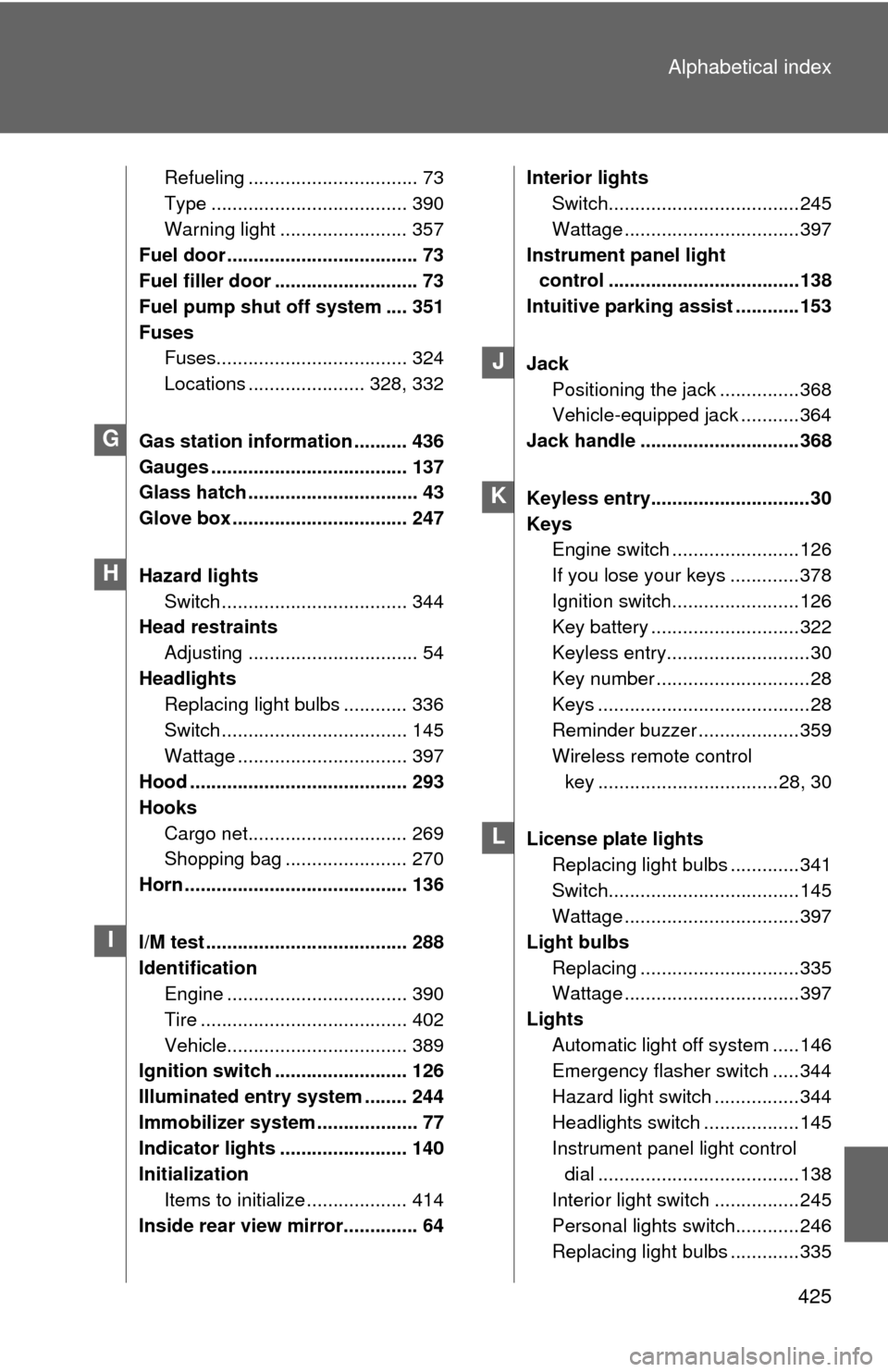 TOYOTA FJ CRUISER 2010 1.G Owners Manual 425 Alphabetical index
Refueling ................................ 73
Type ..................................... 390
Warning light ........................ 357
Fuel door ...............................