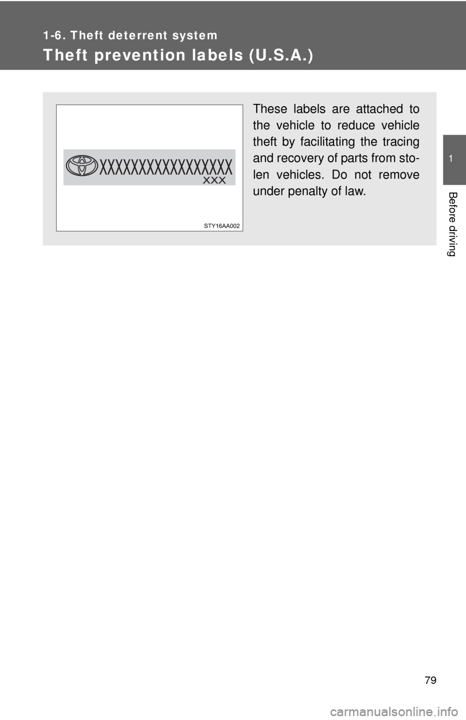 TOYOTA FJ CRUISER 2010 1.G Manual PDF 79
1
1-6. Theft deterrent system
Before driving
Theft prevention labels (U.S.A.)
These labels are attached to
the vehicle to reduce vehicle
theft by facilitating the tracing
and recovery of parts from