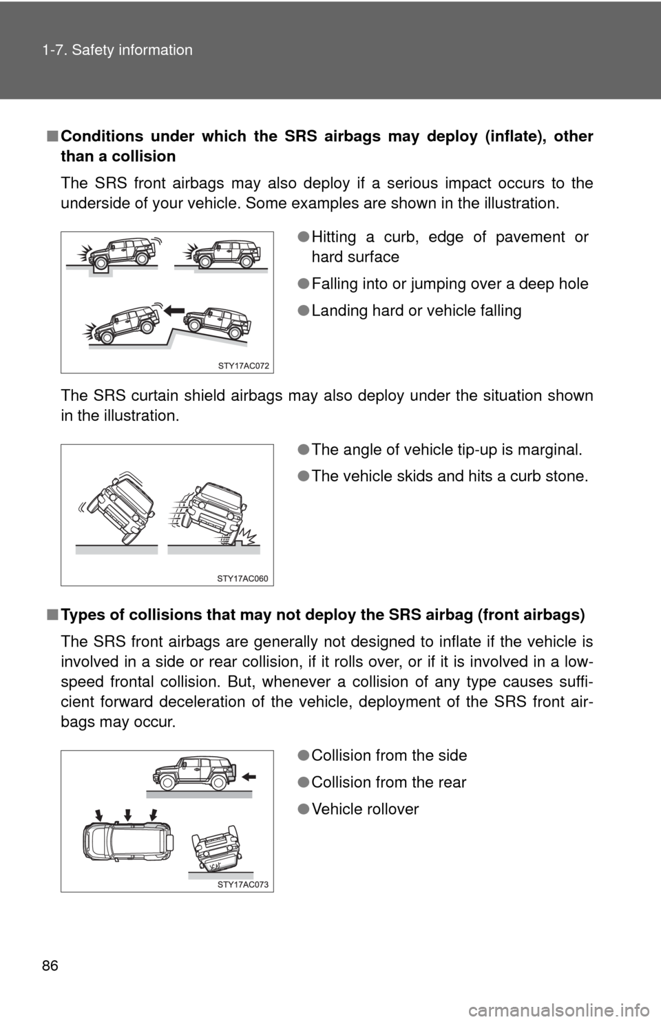 TOYOTA FJ CRUISER 2010 1.G User Guide 86 1-7. Safety information
■Conditions under which the SRS airbags may deploy (inflate), other
than a collision
The SRS front airbags may also deploy if a serious impact occurs to the
underside of y