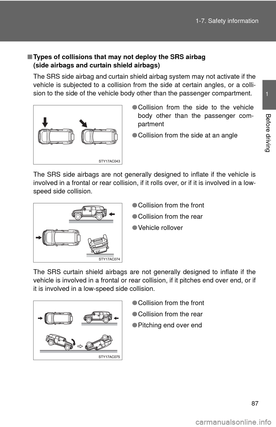 TOYOTA FJ CRUISER 2010 1.G User Guide 87 1-7. Safety information
1
Before driving
■Types of collisions that may not deploy the SRS airbag 
(side airbags and curtain shield airbags)
The SRS side airbag and curtain shield airbag system ma
