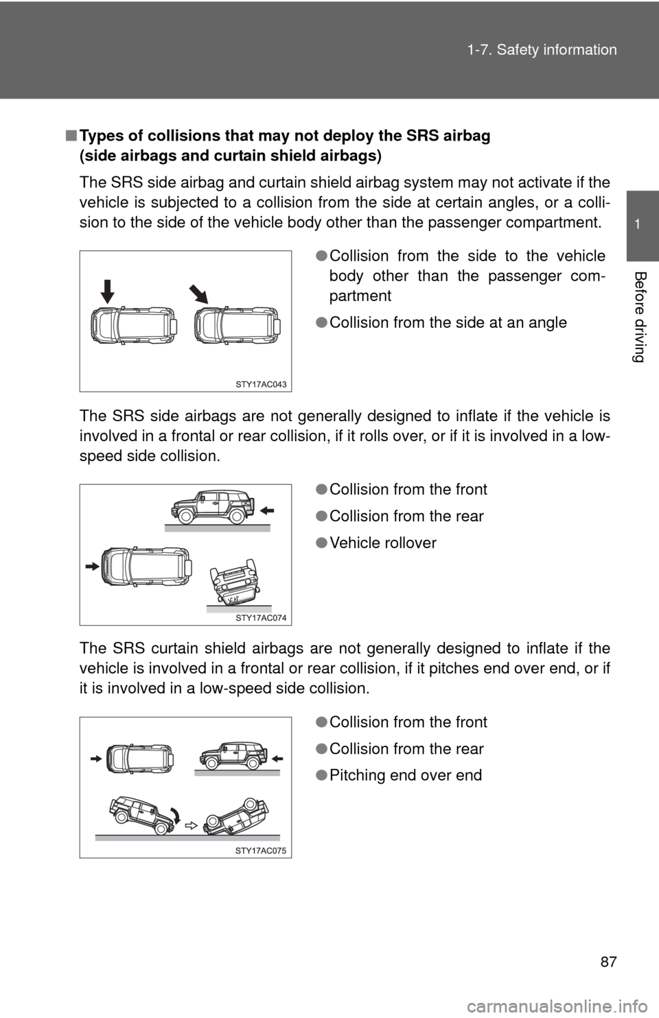 TOYOTA FJ CRUISER 2010 1.G Manual Online 87 1-7. Safety information
1
Before driving
■Types of collisions that may not deploy the SRS airbag 
(side airbags and curtain shield airbags)
The SRS side airbag and curtain shield airbag system ma