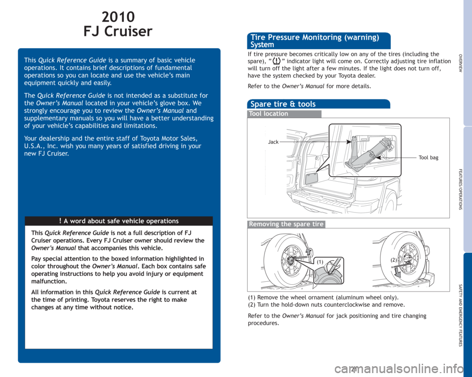 TOYOTA FJ CRUISER 2010 1.G Quick Reference Guide 2010
FJ Cruiser
!Awordaboutsafevehicleoperations ThisQuick Reference Guideis a summary of basic vehicle
operations. It contains brief descriptions of fundamental
operations so you can locate and use t TOYOTA FJ CRUISER 2010 1.G Quick Reference Guide 2010
FJ Cruiser
!Awordaboutsafevehicleoperations ThisQuick Reference Guideis a summary of basic vehicle
operations. It contains brief descriptions of fundamental
operations so you can locate and use t