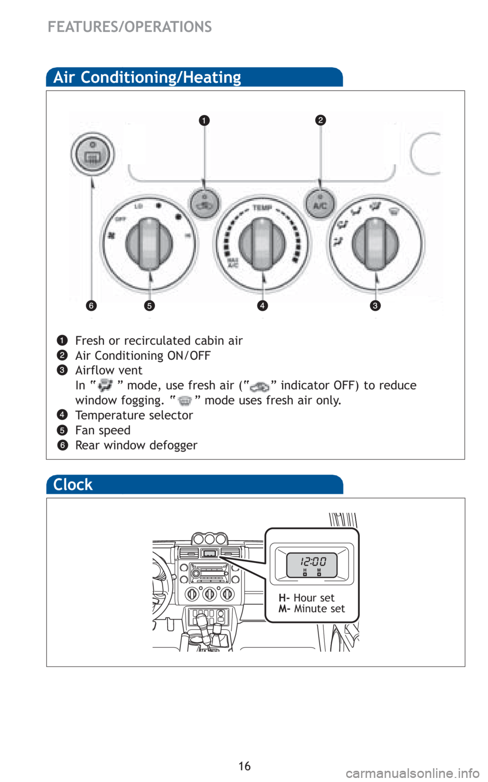 TOYOTA FJ CRUISER 2010 1.G Quick Reference Guide 16
FEATURES/OPERATIONS
Clock
H-Hour set
M-Minute set
Air Conditioning/Heating
Fresh or recirculated cabin air
Air Conditioning ON/OFF
Airflow vent
In “ ” mode, use fresh air (“ ” indicator OFF TOYOTA FJ CRUISER 2010 1.G Quick Reference Guide 16
FEATURES/OPERATIONS
Clock
H-Hour set
M-Minute set
Air Conditioning/Heating
Fresh or recirculated cabin air
Air Conditioning ON/OFF
Airflow vent
In “ ” mode, use fresh air (“ ” indicator OFF