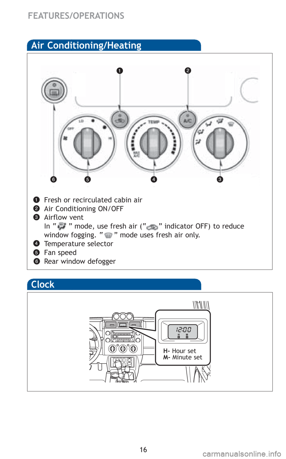 TOYOTA FJ CRUISER 2010 1.G Quick Reference Guide 16
FEATURES/OPERATIONS
Clock
H-Hour set
M-Minute set
Air Conditioning/Heating
Fresh or recirculated cabin air
Air Conditioning ON/OFF
Airflow vent
In “ ” mode, use fresh air (“ ” indicator OFF