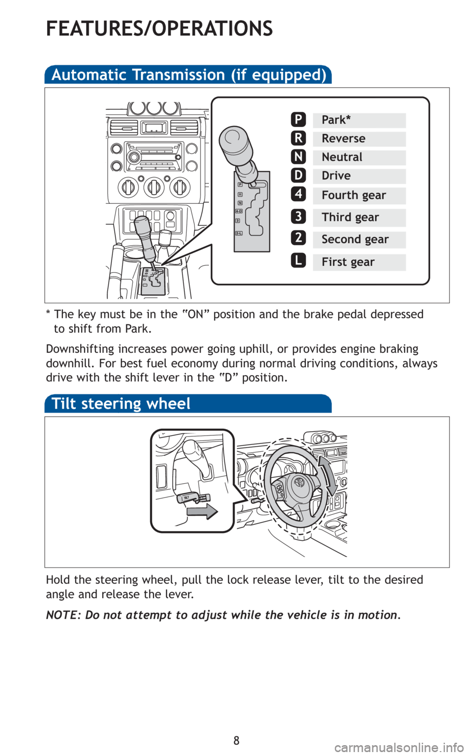 TOYOTA FJ CRUISER 2010 1.G Quick Reference Guide FEATURES/OPERATIONS
8
Automatic Transmission (if equipped)
Downshifting increases power going uphill, or provides engine braking
downhill. For best fuel economy during normal driving conditions, alway TOYOTA FJ CRUISER 2010 1.G Quick Reference Guide FEATURES/OPERATIONS
8
Automatic Transmission (if equipped)
Downshifting increases power going uphill, or provides engine braking
downhill. For best fuel economy during normal driving conditions, alway