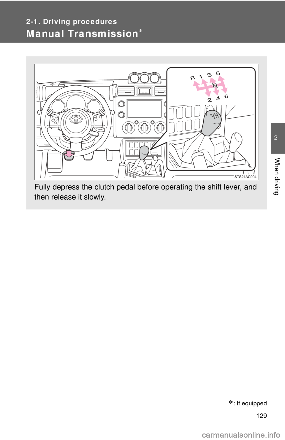 TOYOTA FJ CRUISER 2011 1.G Owners Manual 129
2-1. Driving procedures
2
When driving
Manual Transmission
: If equipped
Fully depress the clutch pedal before operating the shift lever, and
then release it slowly. TOYOTA FJ CRUISER 2011 1.G Owners Manual 129
2-1. Driving procedures
2
When driving
Manual Transmission
: If equipped
Fully depress the clutch pedal before operating the shift lever, and
then release it slowly.