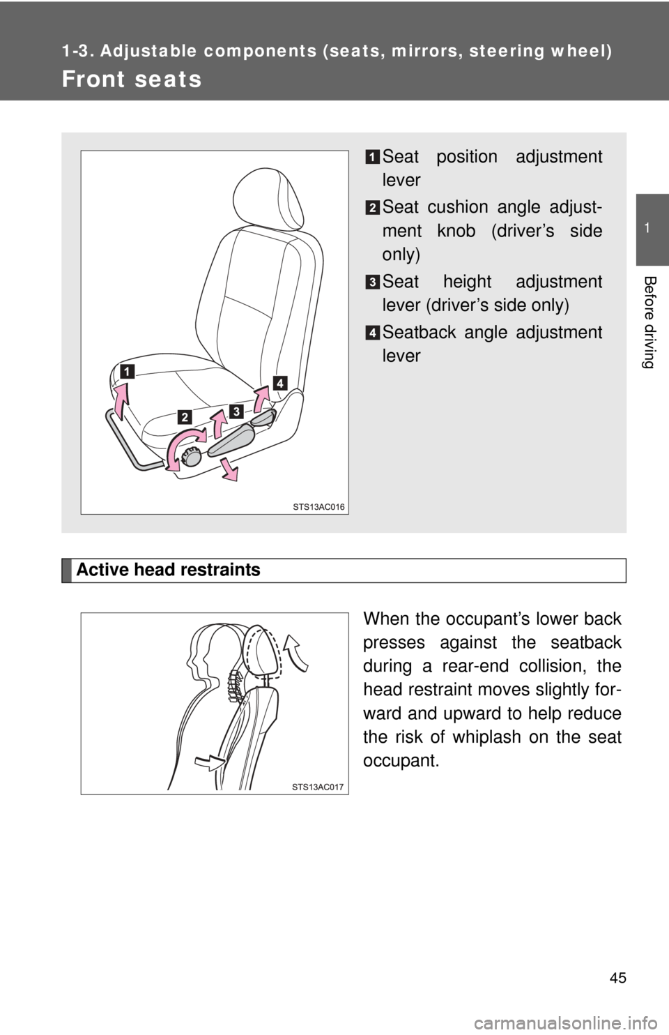 TOYOTA FJ CRUISER 2011 1.G Service Manual 45
1
Before driving
1-3. Adjustable components (seats, mirrors, steering wheel)
Front seats
Active head restraints
When the occupant’s lower back
presses against the seatback
during a rear-end colli
